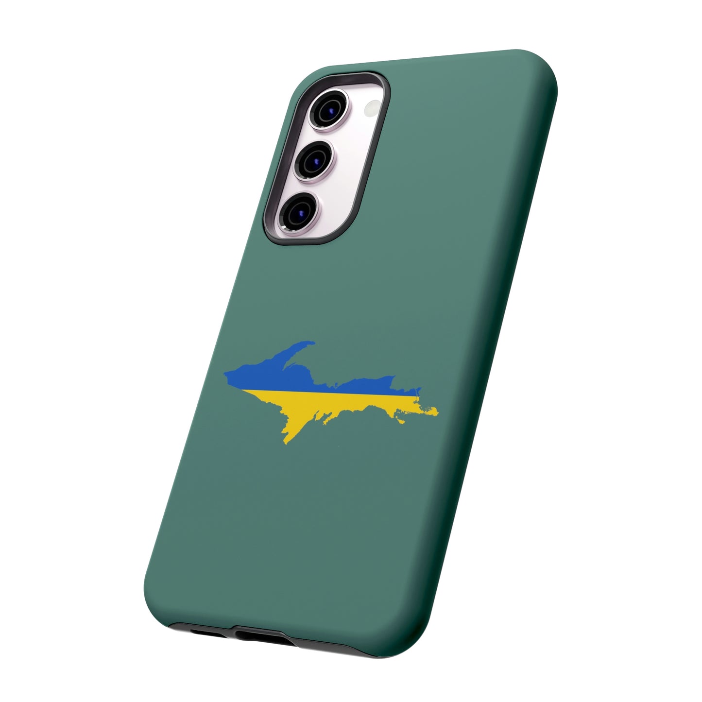 Michigan Upper Peninsula Tough Phone Case (Copper Green w/ UP Ukraine Flag Outline) | Samsung & Pixel Android