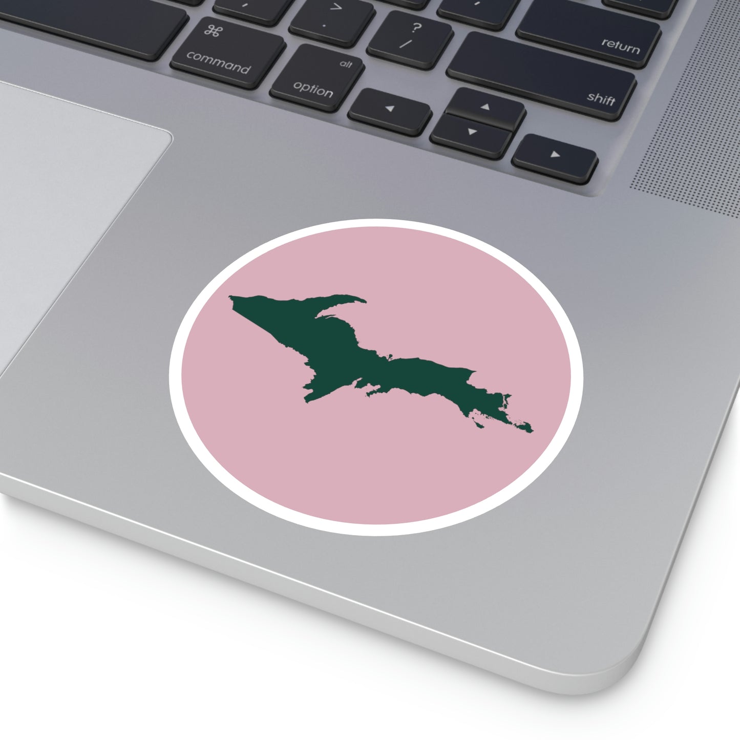 Michigan Upper Peninsula Round Stickers (Pink w/ Green UP Outline) | Indoor\Outdoor