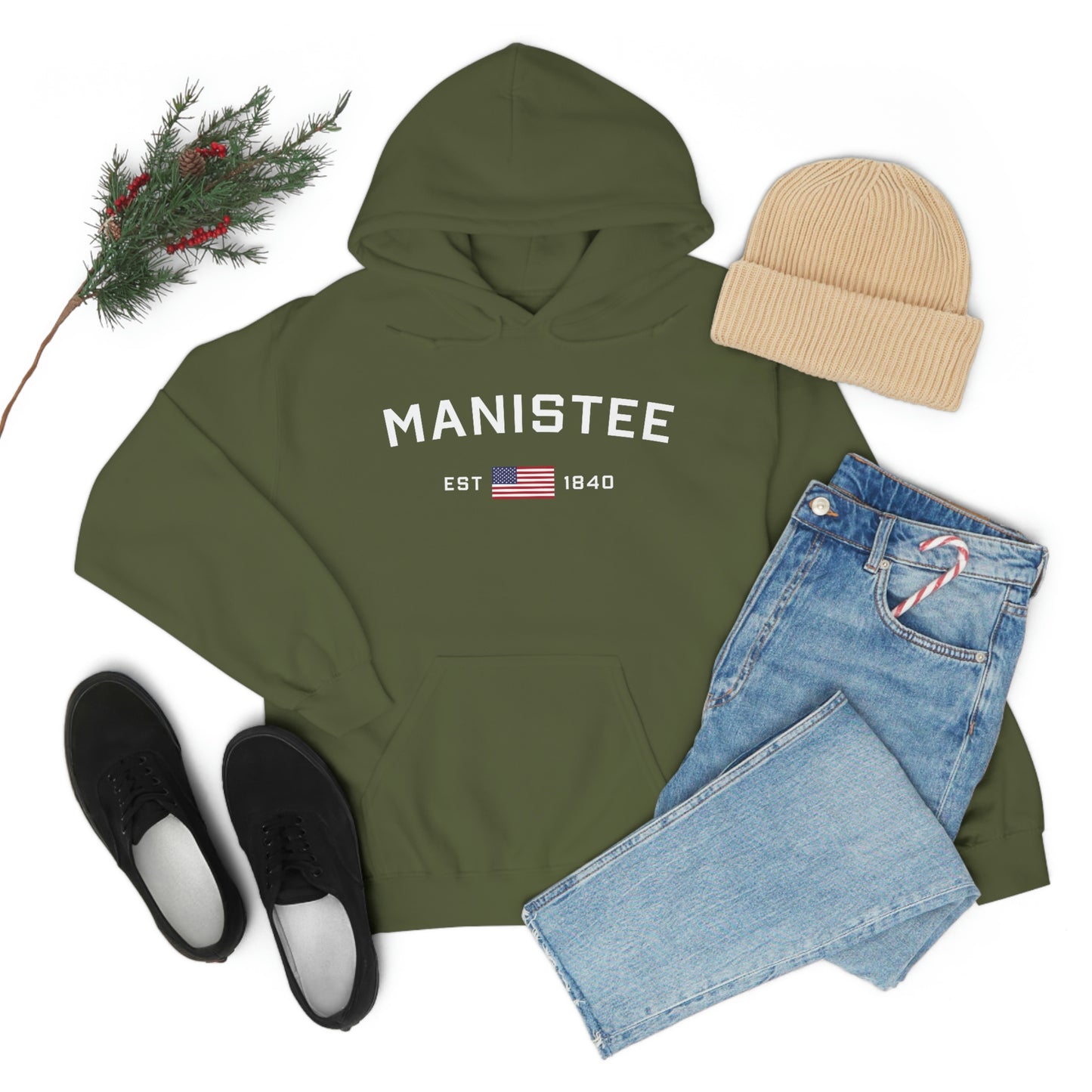 'Manistee EST 1840' Hoodie (w/USA Flag Outline) | Unisex Standard