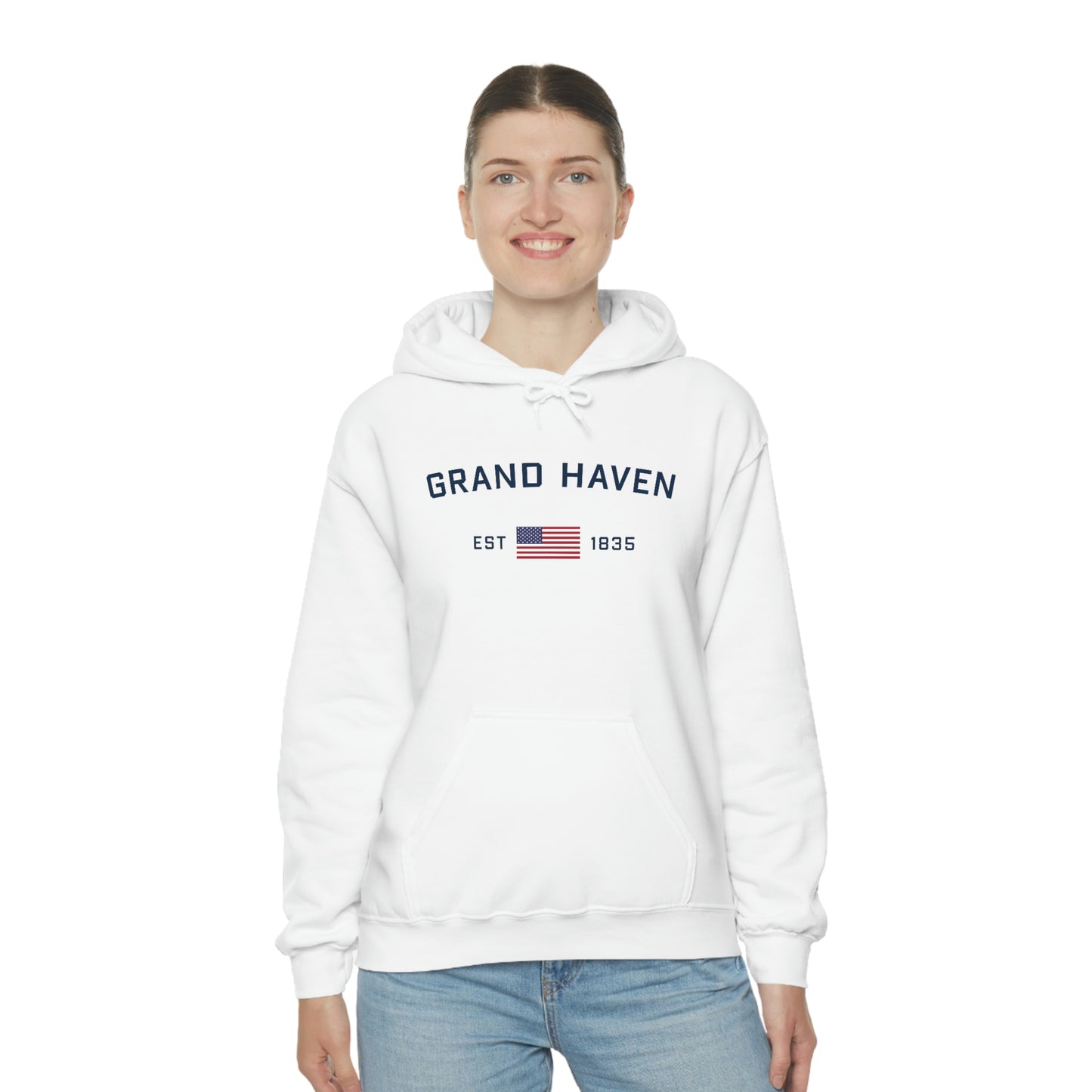 'Grand Haven EST 1835' Hoodie (w/USA Flag Outline) | Unisex Standard