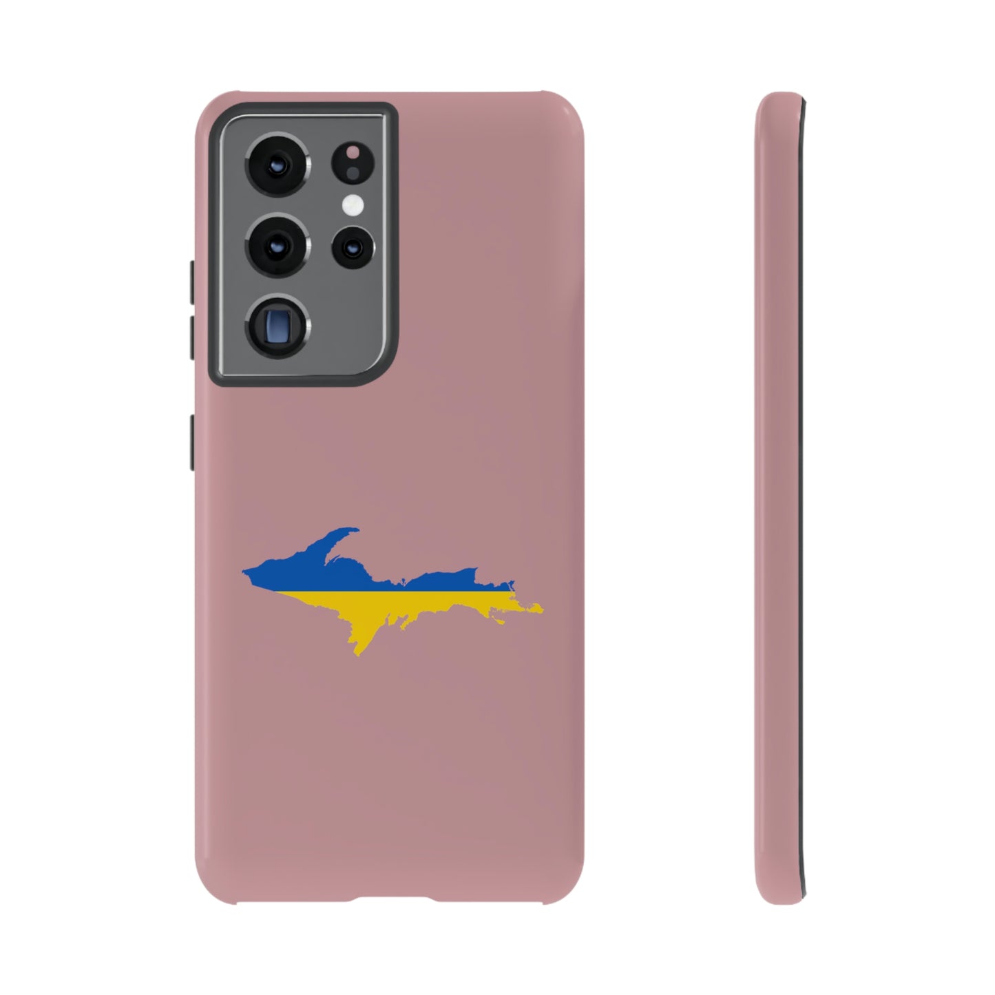 Michigan Upper Peninsula Tough Phone Case (Cherry Blossom Pink w/ UP Ukraine Flag Outline) | Samsung & Pixel Android