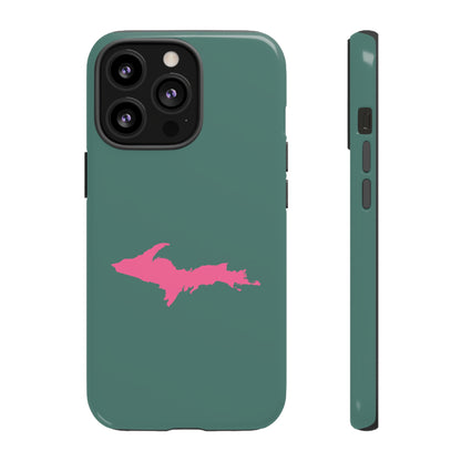 Michigan Upper Peninsula Tough Phone Case (Copper Green w/ Pink UP Outline) | Apple iPhone