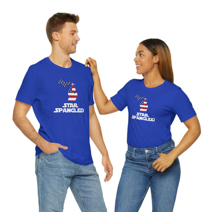 Michigan 'Star Spangled' T-Shirt (Epic Sci Fi Font w/ MI USA Flag Outline) | Unisex Standard Fit