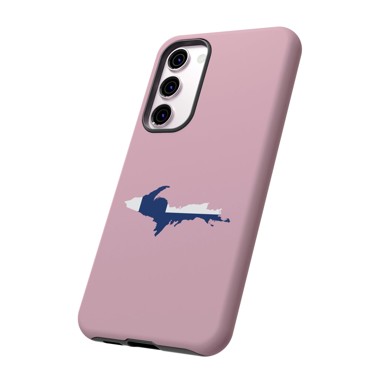 Michigan Upper Peninsula Tough Phone Case (Pink w/ UP Finland Flag Outline) | Samsung & Pixel Android