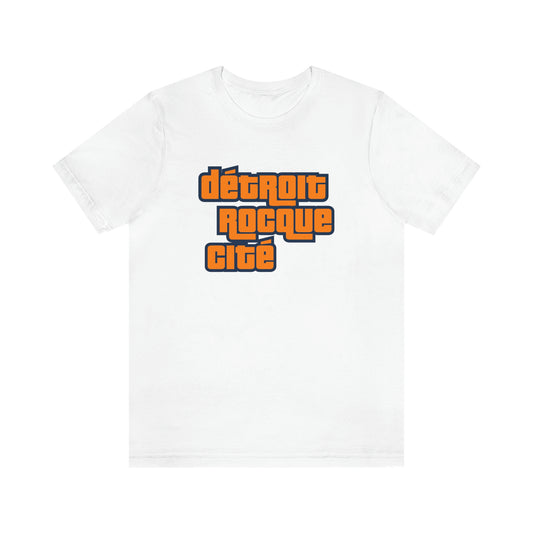 'Détroit Rocque Cité' T-Shirt (Orange Automotive Crime Parody) | Unisex Standard Fit