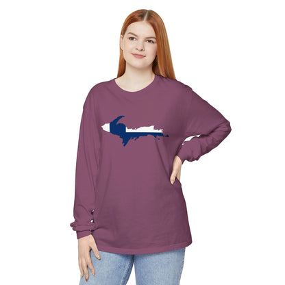 Michigan Upper Peninsula Garment-Dyed T-Shirt (w/ UP Finland Flag Outline) | Unisex Long Sleeve