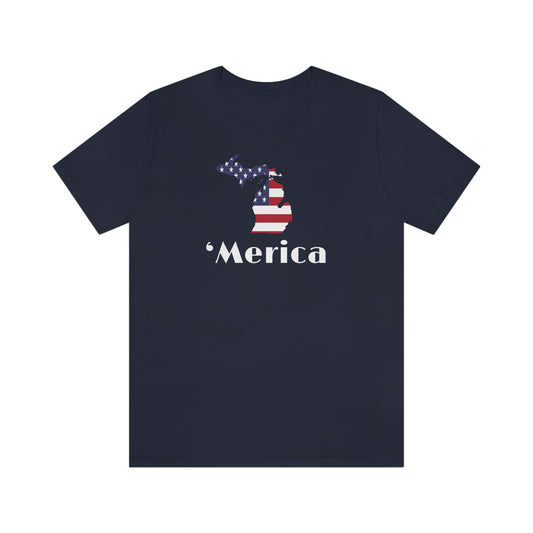 Michigan 'Merica' T-Shirt (Art Deco Font w/ MI USA Flag Outline) | Unisex Standard Fit