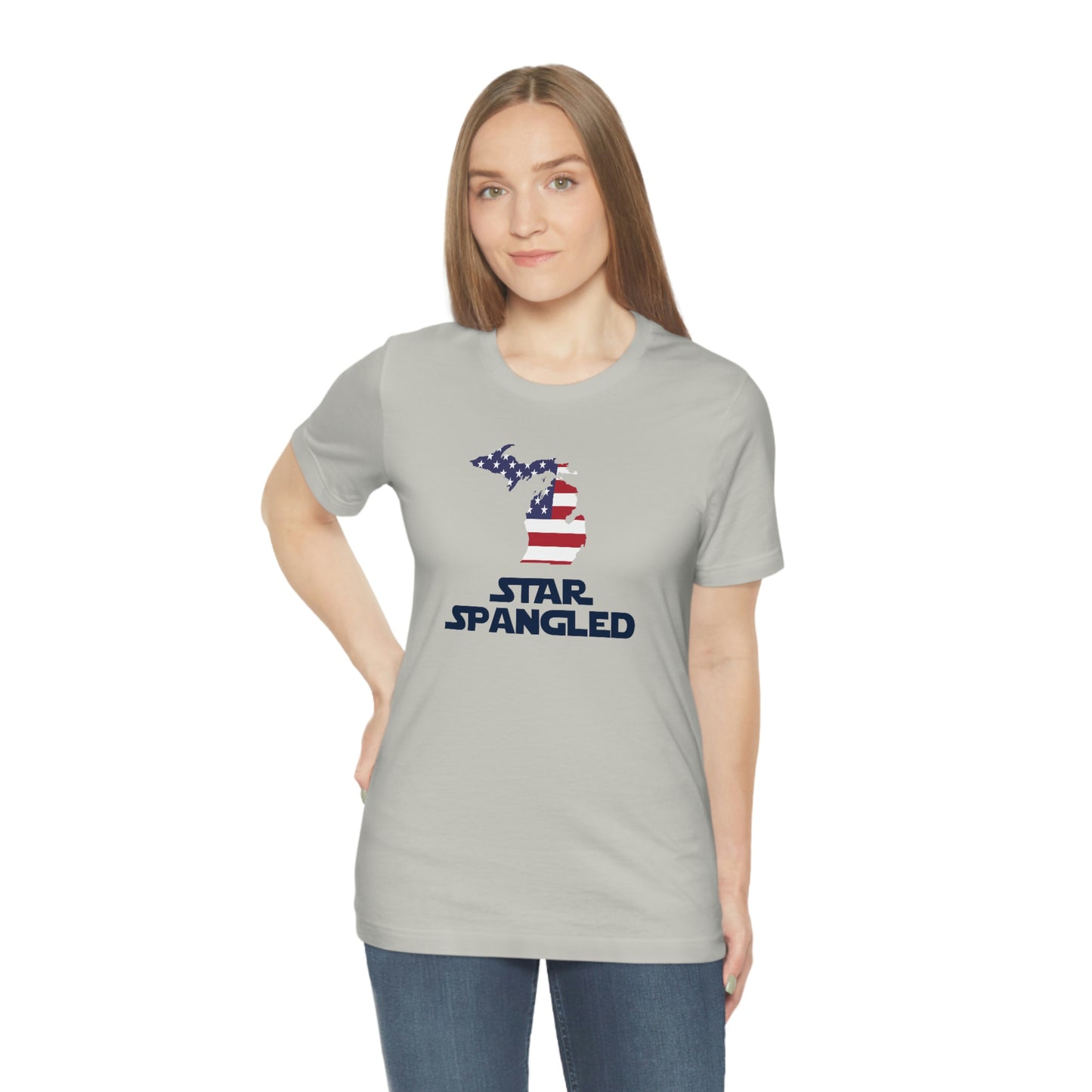 Michigan 'Star Spangled' T-Shirt (Epic Sci Fi Font w/ MI USA Flag Outline) | Unisex Standard Fit