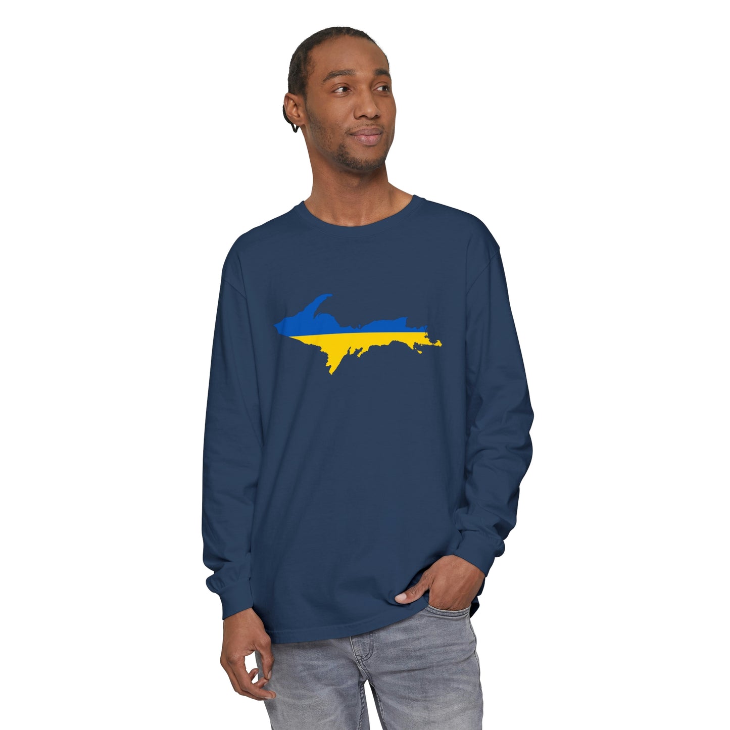 Michigan Upper Peninsula Garment-Dyed T-Shirt (w/ UP Ukraine Flag Outline) | Unisex Long Sleeve