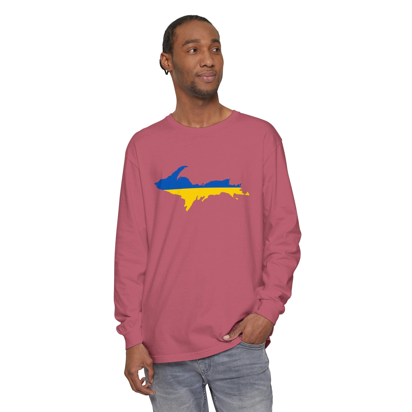 Michigan Upper Peninsula Garment-Dyed T-Shirt (w/ UP Ukraine Flag Outline) | Unisex Long Sleeve