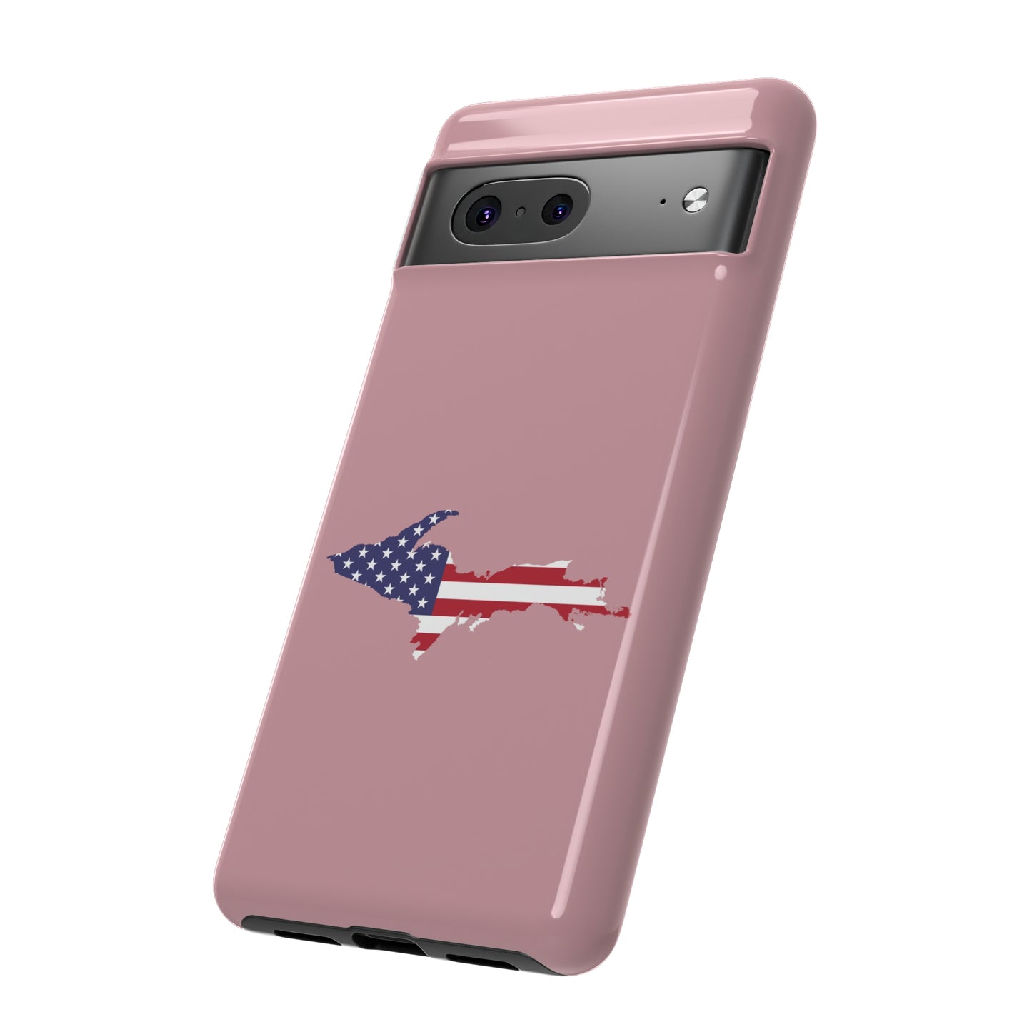 Michigan Upper Peninsula Tough Phone Case (Cherry Blossom Pink w/ UP USA Flag Outline) | Samsung & Pixel Android