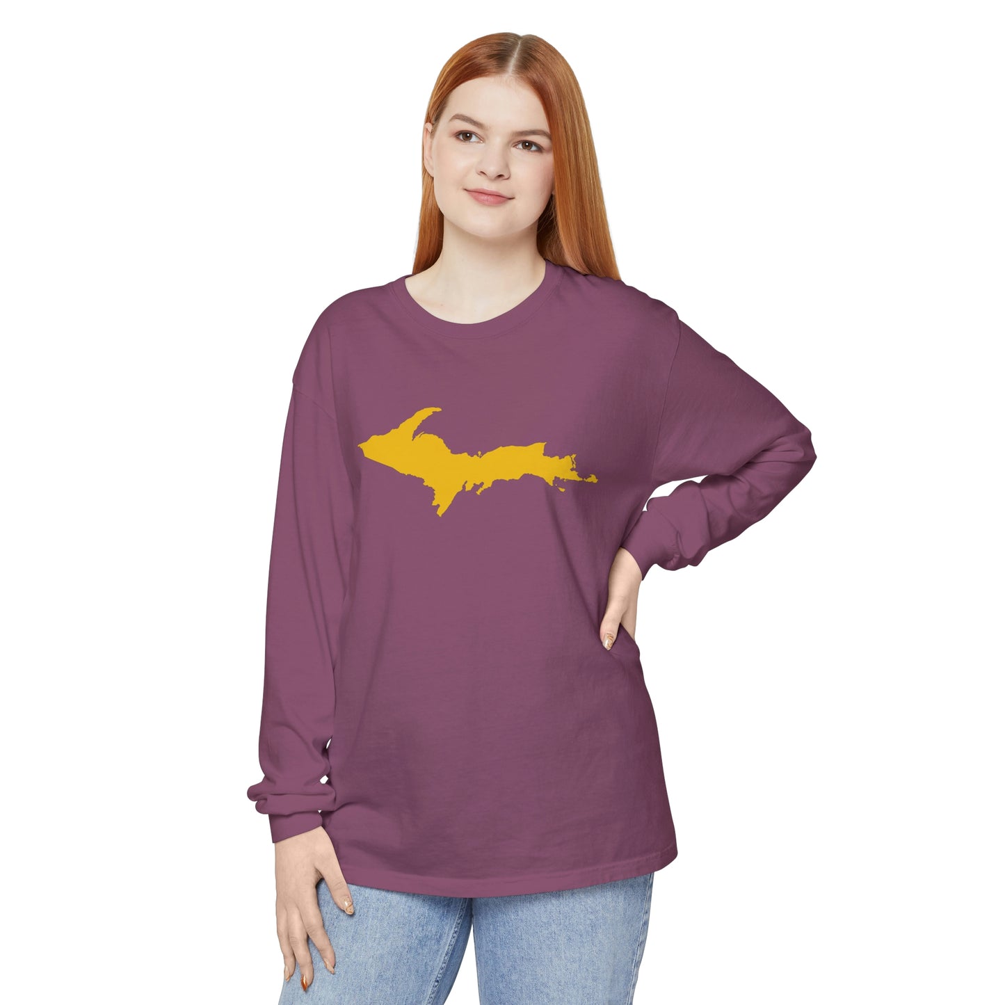 Michigan Upper Peninsula Garment-Dyed T-Shirt (w/ Gold UP Outline) | Unisex Long Sleeve