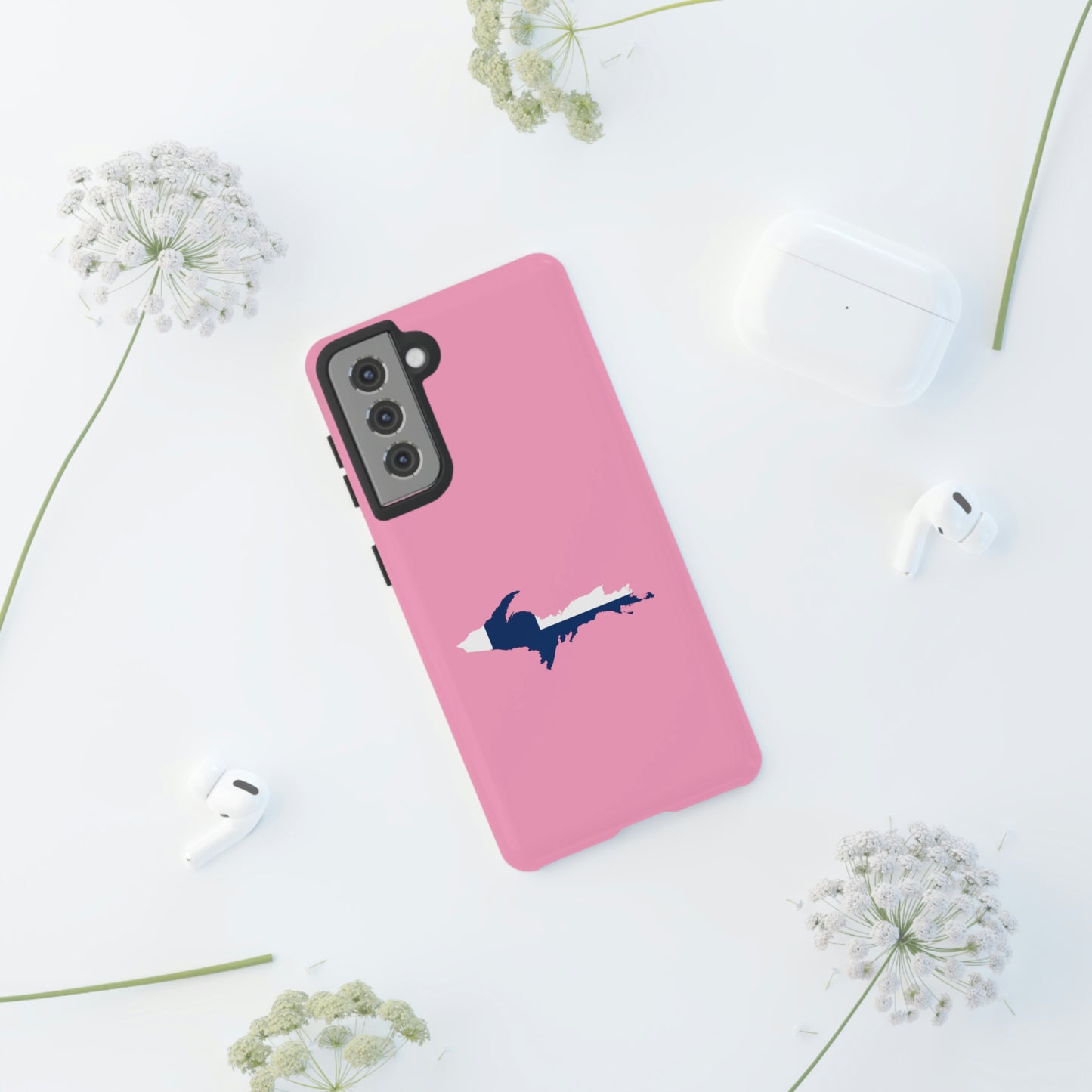 Michigan Upper Peninsula Tough Phone Case ('67 Caddie Pink w/ UP Finland Flag Outline) | Samsung & Pixel Android