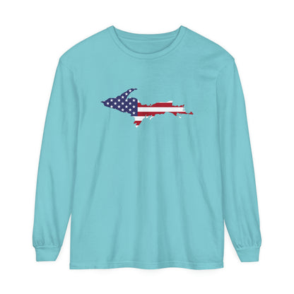 Michigan Upper Peninsula Garment-Dyed T-Shirt (w/ UP USA Flag Outline) | Unisex Long Sleeve