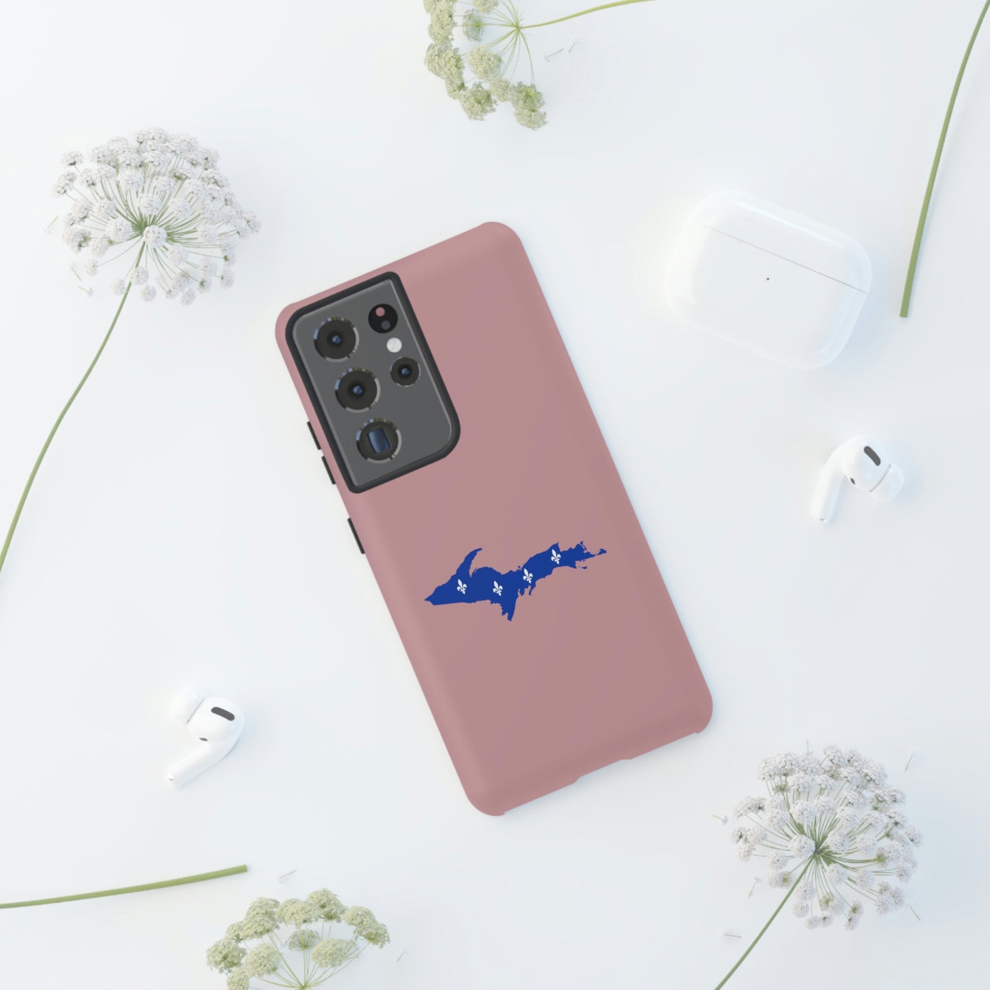 Michigan Upper Peninsula Tough Phone Case (Cherry Blossom Pink w/ UP Quebec Flag Outline) | Samsung & Pixel Android