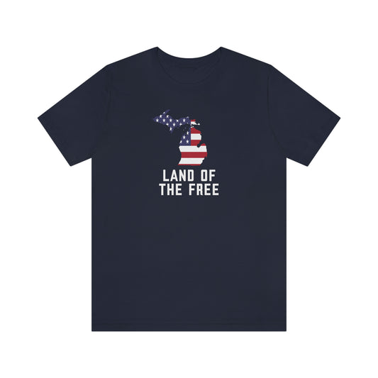 Michigan 'Land of the Free' T-Shirt (Gothic Font w/ MI USA Flag Outline) | Unisex Standard Fit