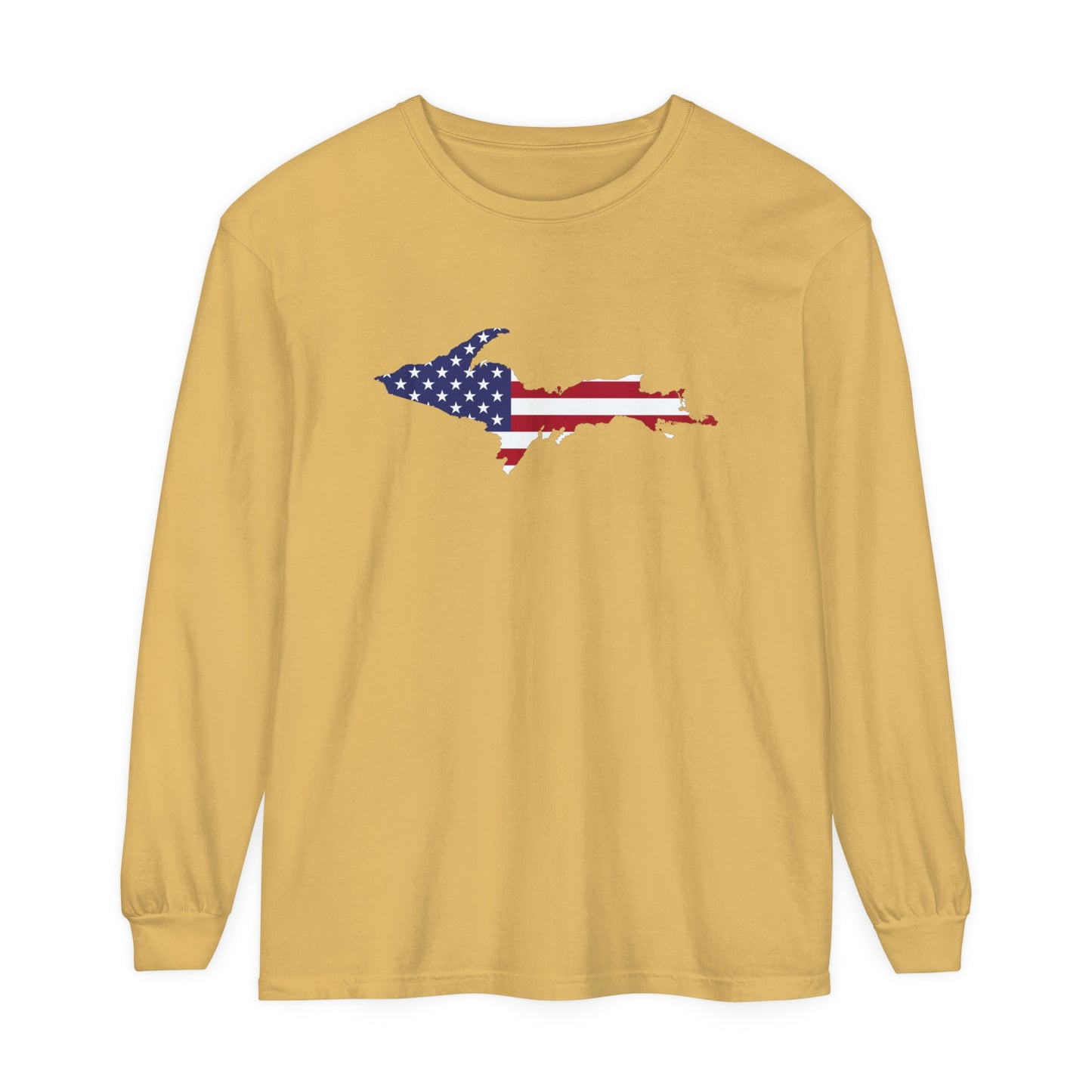 Michigan Upper Peninsula Garment-Dyed T-Shirt (w/ UP USA Flag Outline) | Unisex Long Sleeve