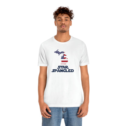 Michigan 'Star Spangled' T-Shirt (Epic Sci Fi Font w/ MI USA Flag Outline) | Unisex Standard Fit