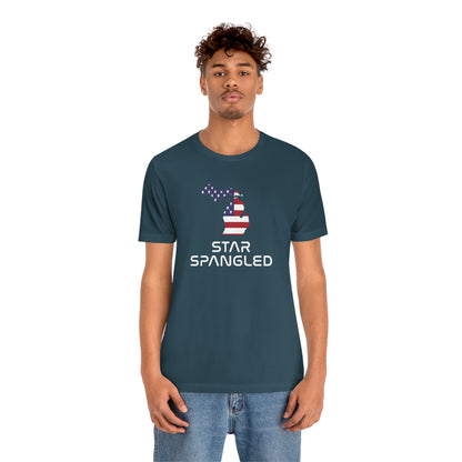 Michigan 'Star Spangled' T-Shirt (Space Agency Font w/ MI USA Flag Outline) | Unisex Standard Fit