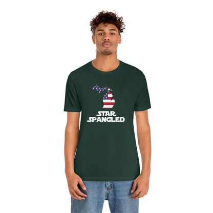 Michigan 'Star Spangled' T-Shirt (Epic Sci Fi Font w/ MI USA Flag Outline) | Unisex Standard Fit