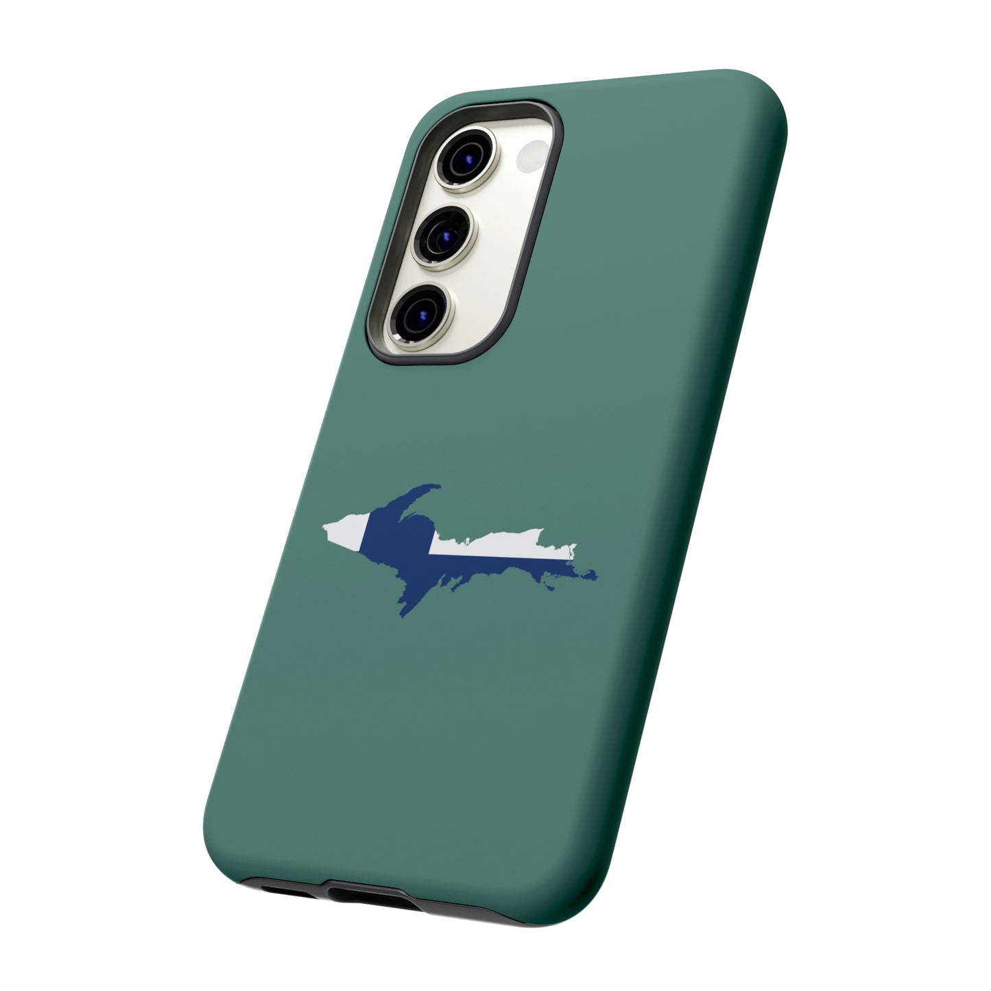 Michigan Upper Peninsula Tough Phone Case (Copper Green w/ UP Finland Flag Outline) | Samsung & Pixel Android