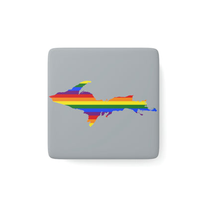 Michigan Upper Peninsula Porcelain Magnet (Silver Color w/ UP Pride Flag Outline)