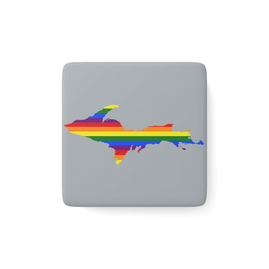 Michigan Upper Peninsula Porcelain Magnet (Silver Color w/ UP Pride Flag Outline)