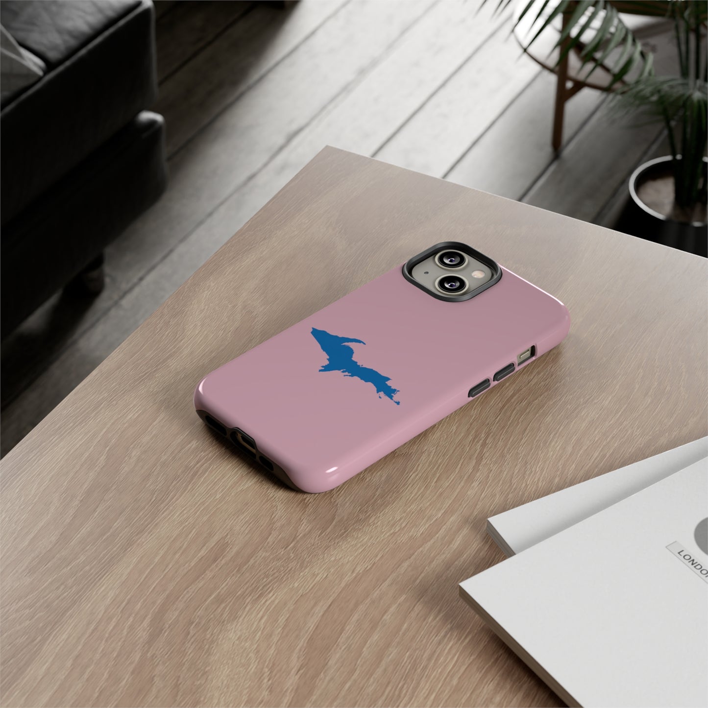 Michigan Upper Peninsula Tough Phone Case (Pink w/ Azure UP Outline) | Apple iPhone