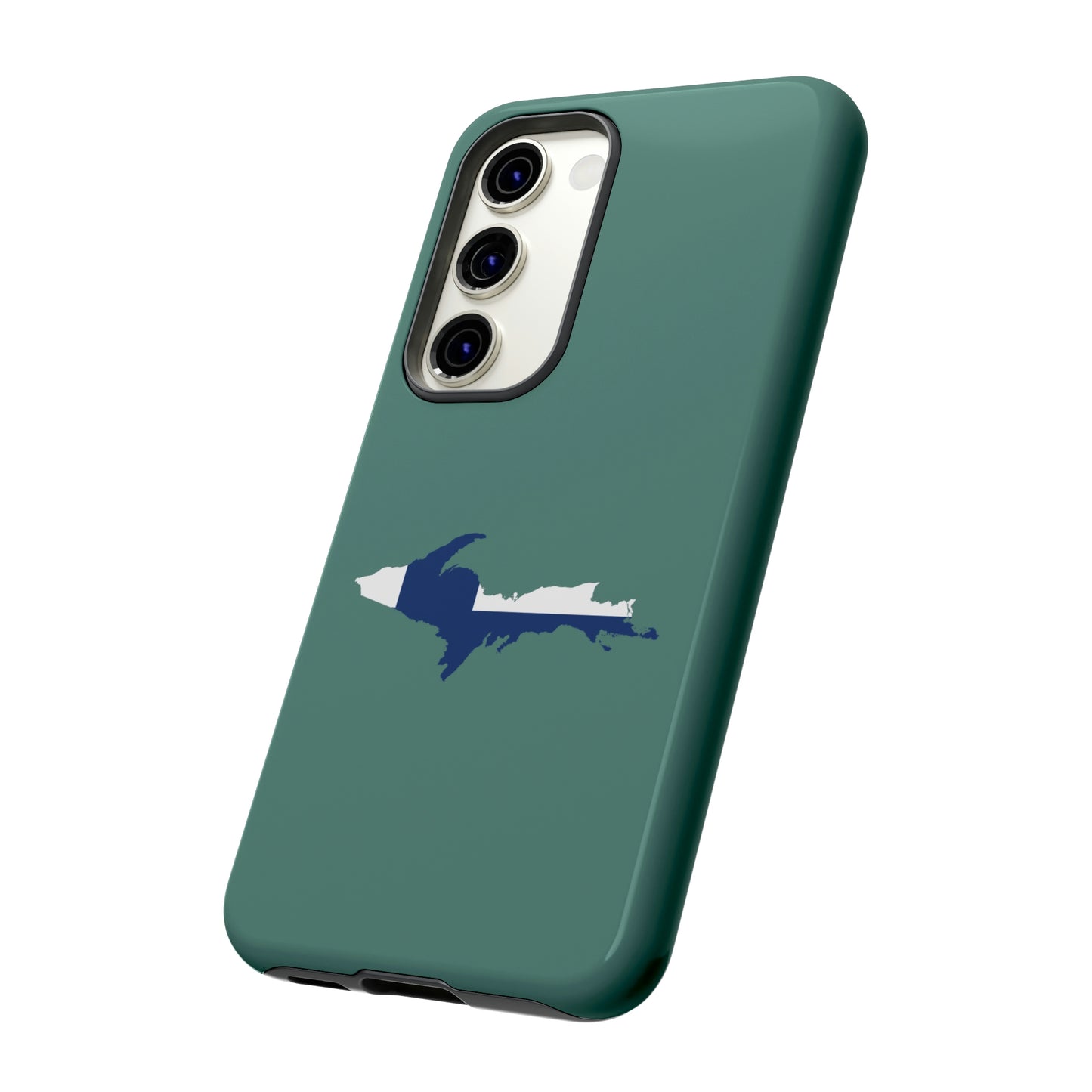 Michigan Upper Peninsula Tough Phone Case (Copper Green w/ UP Finland Flag Outline) | Samsung & Pixel Android