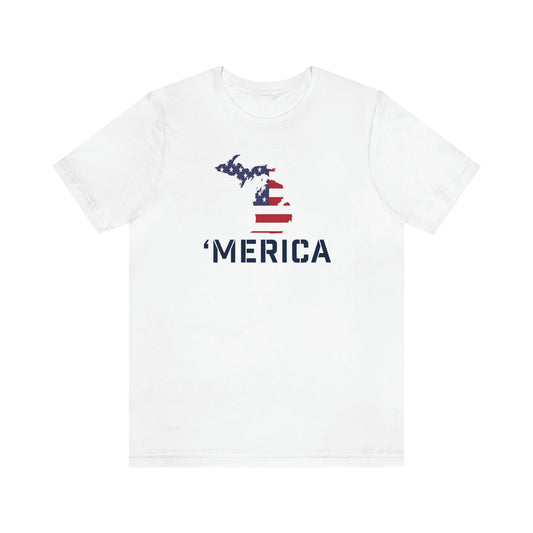 Michigan 'Merica' T-Shirt (Military Stencil Font w/ MI USA Flag Outline) | Unisex Standard Fit