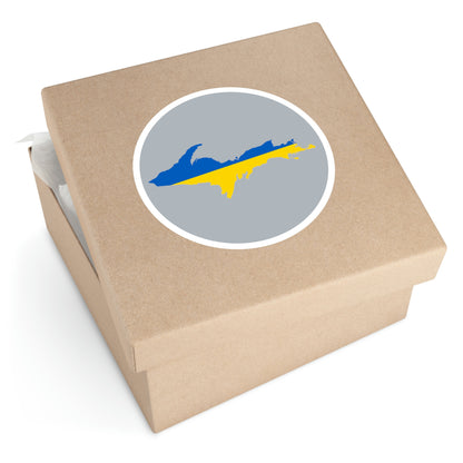 Michigan Upper Peninsula Round Stickers (Silver w/ UP Ukraine Flag Outline) | Indoor\Outdoor