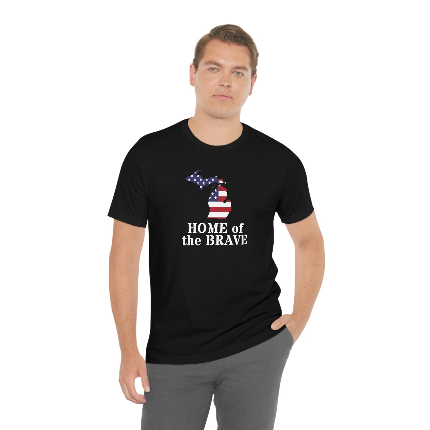 Michigan 'Home of the Brave' T-Shirt (Army Stencil Font w/ MI USA Outline) | Unisex Standard Fit