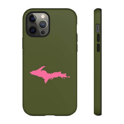 Michigan Upper Peninsula Tough Phone Case (Army Green w/ Pink UP Outline) | Apple iPhone