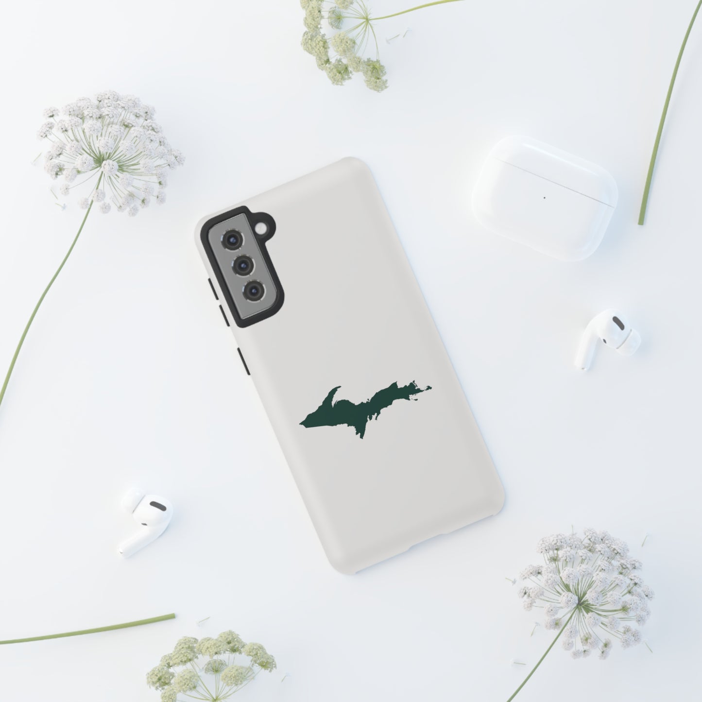 Michigan Upper Peninsula Tough Phone Case (Birch Bark White w/ Green UP Outline) | Samsung & Pixel Android