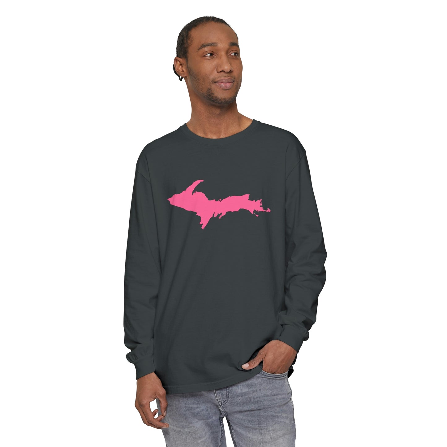 Michigan Upper Peninsula Garment-Dyed T-Shirt (w/ Pink UP Outline) | Unisex Long Sleeve