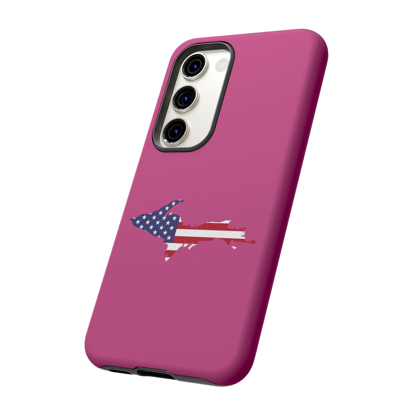 Michigan Upper Peninsula Tough Phone Case (Apple Blossom Pink w/ UP USA Flag Outline) | Samsung & Pixel Android