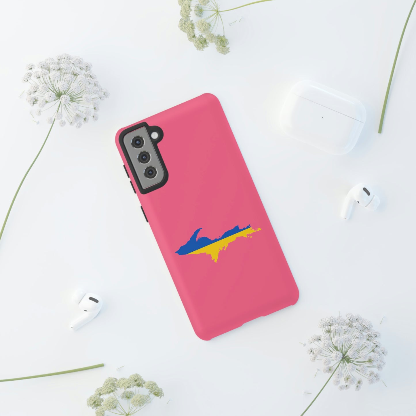 Michigan Upper Peninsula Tough Phone Case (Rhodochrosite Pink w/ UP Ukraine Flag Outline) | Samsung & Pixel Android