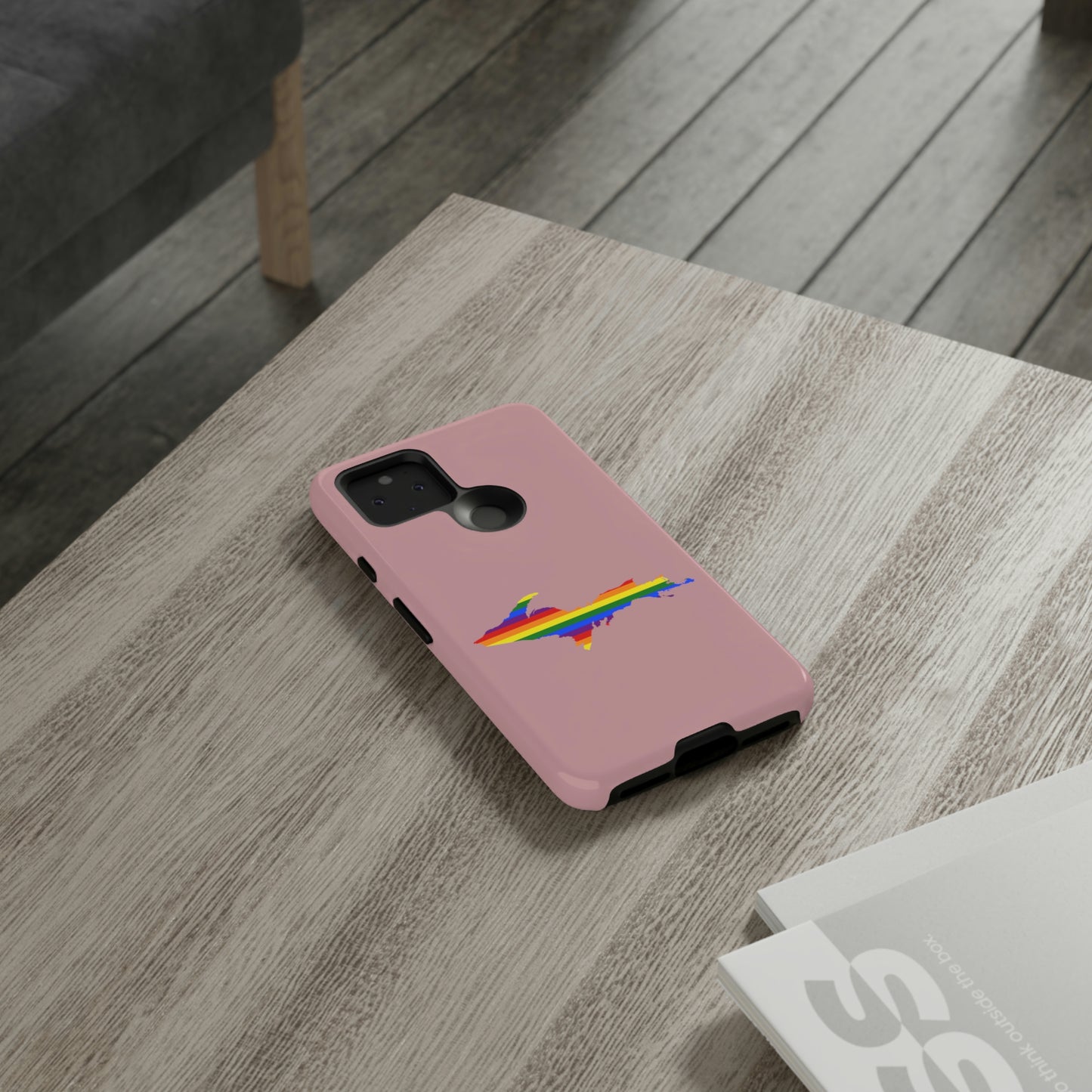 Michigan Upper Peninsula Tough Phone Case (Cherry Blossom Pink w/ UP Pride Flag Outline) | Samsung & Pixel Android