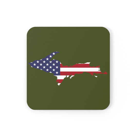 Michigan Upper Peninsula Coaster Set (Army Green w/ UP USA Flag Outline) | Corkwood - 4 pack