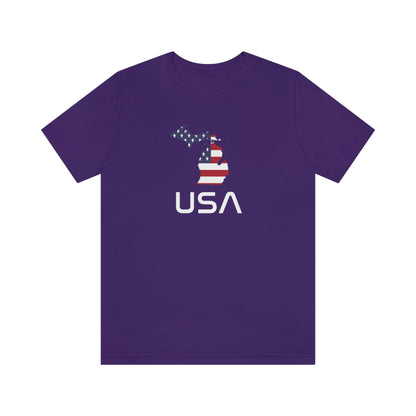 Michigan 'USA' T-Shirt (Space Agency Font w/ MI USA Flag Outline) | Unisex Standard Fit