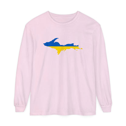 Michigan Upper Peninsula Garment-Dyed T-Shirt (w/ UP Ukraine Flag Outline) | Unisex Long Sleeve