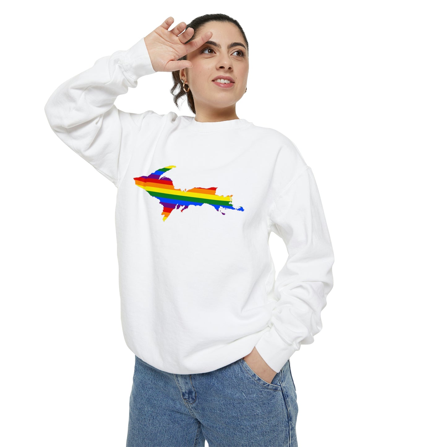 Michigan Upper Peninsula Sweatshirt (w/ UP Pride Flag Outline) | Unisex Garment Dyed