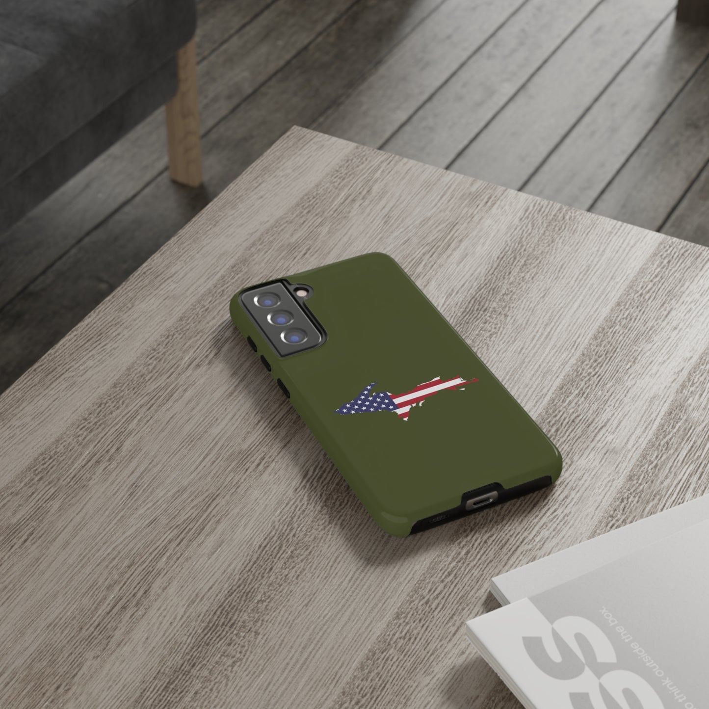 Michigan Upper Peninsula Tough Phone Case (Army Green w/ UP USA Flag Outline) | Samsung & Pixel Android