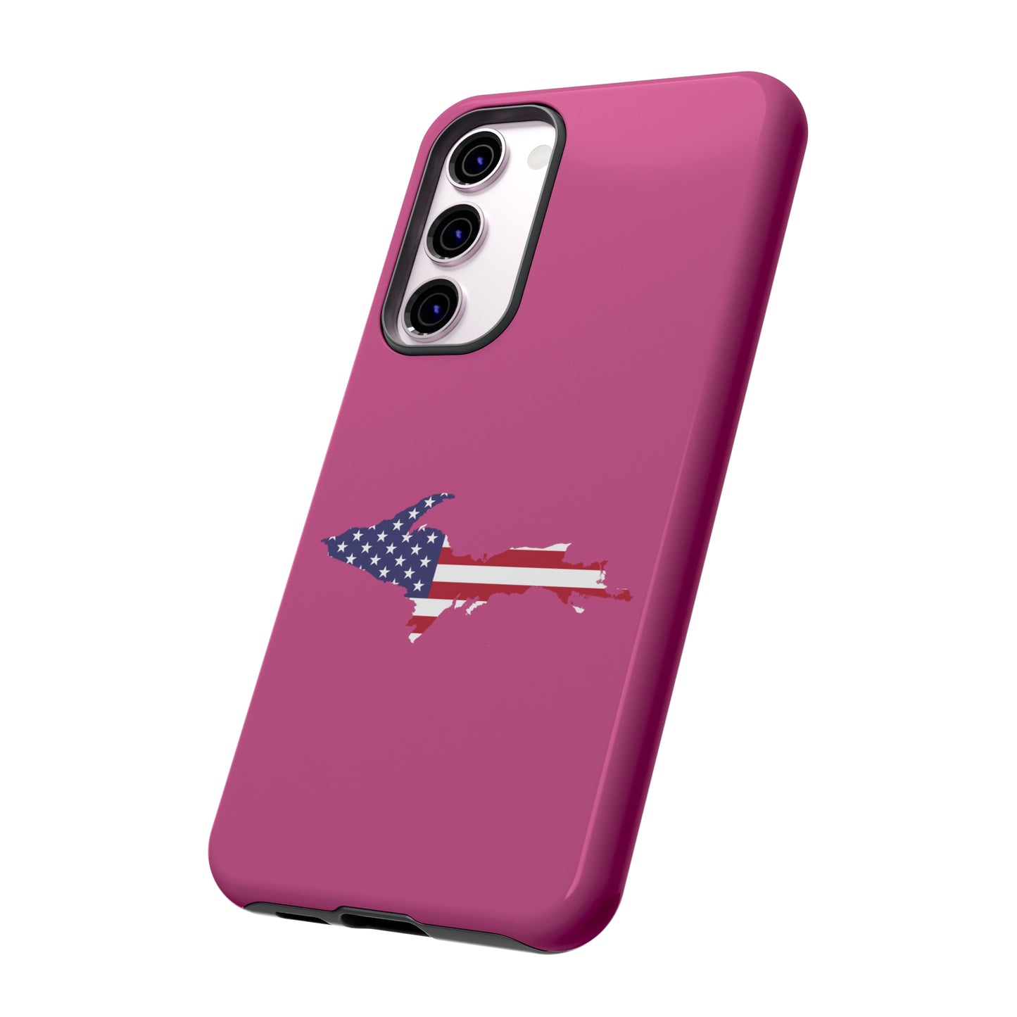 Michigan Upper Peninsula Tough Phone Case (Apple Blossom Pink w/ UP USA Flag Outline) | Samsung & Pixel Android