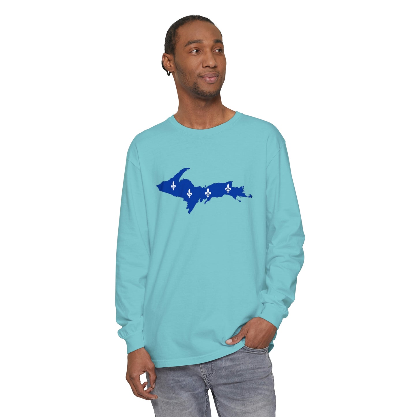 Michigan Upper Peninsula Garment-Dyed T-Shirt (w/ UP Quebec Flag Outline) | Unisex Long Sleeve