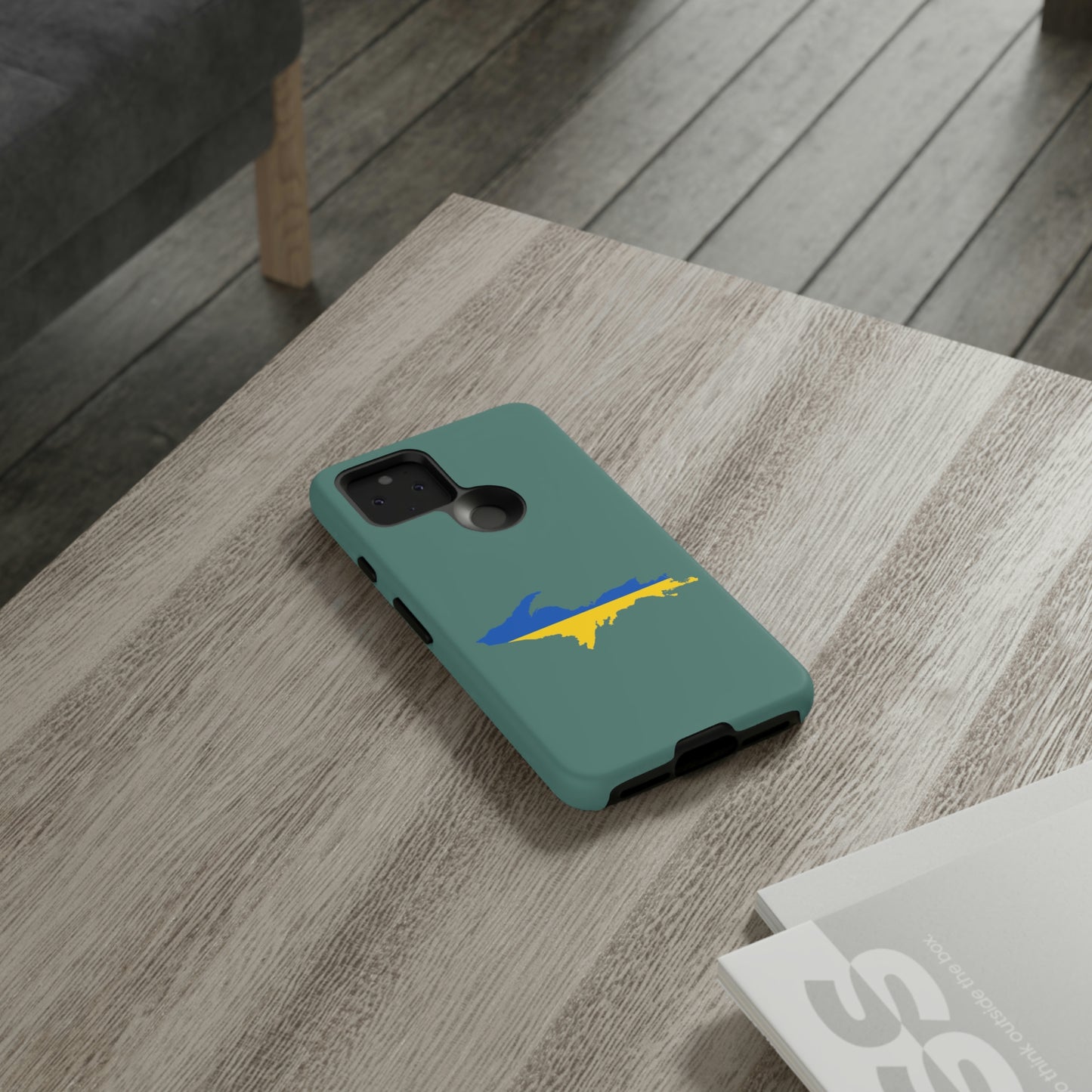 Michigan Upper Peninsula Tough Phone Case (Copper Green w/ UP Ukraine Flag Outline) | Samsung & Pixel Android