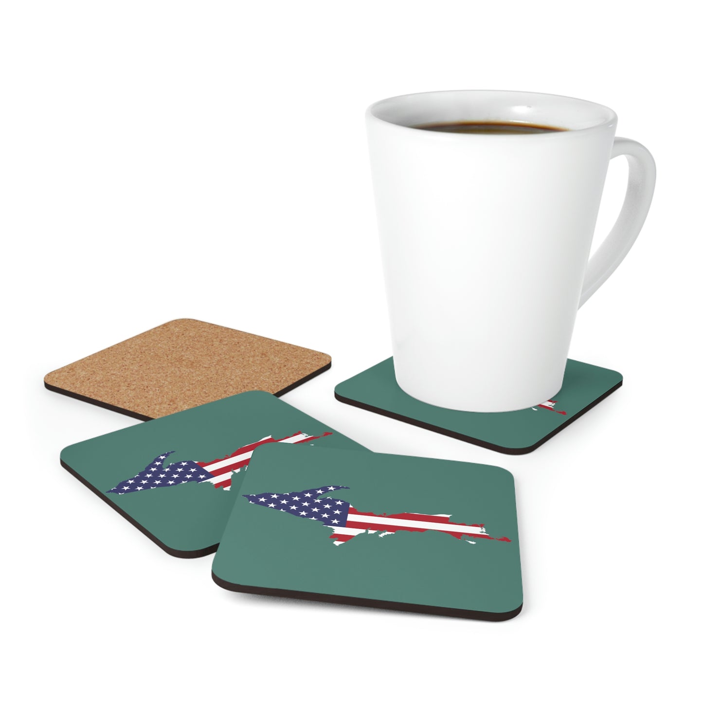 Michigan Upper Peninsula Coaster Set (Copper Green w/ UP USA Flag Outline) | Corkwood - 4 pack