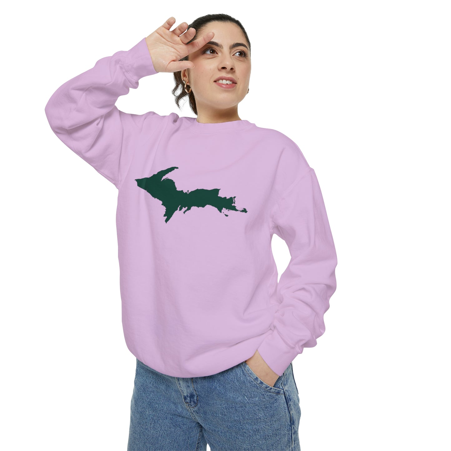 Michigan Upper Peninsula Sweatshirt (w/ Green UP Outline) | Unisex Garment Dyed