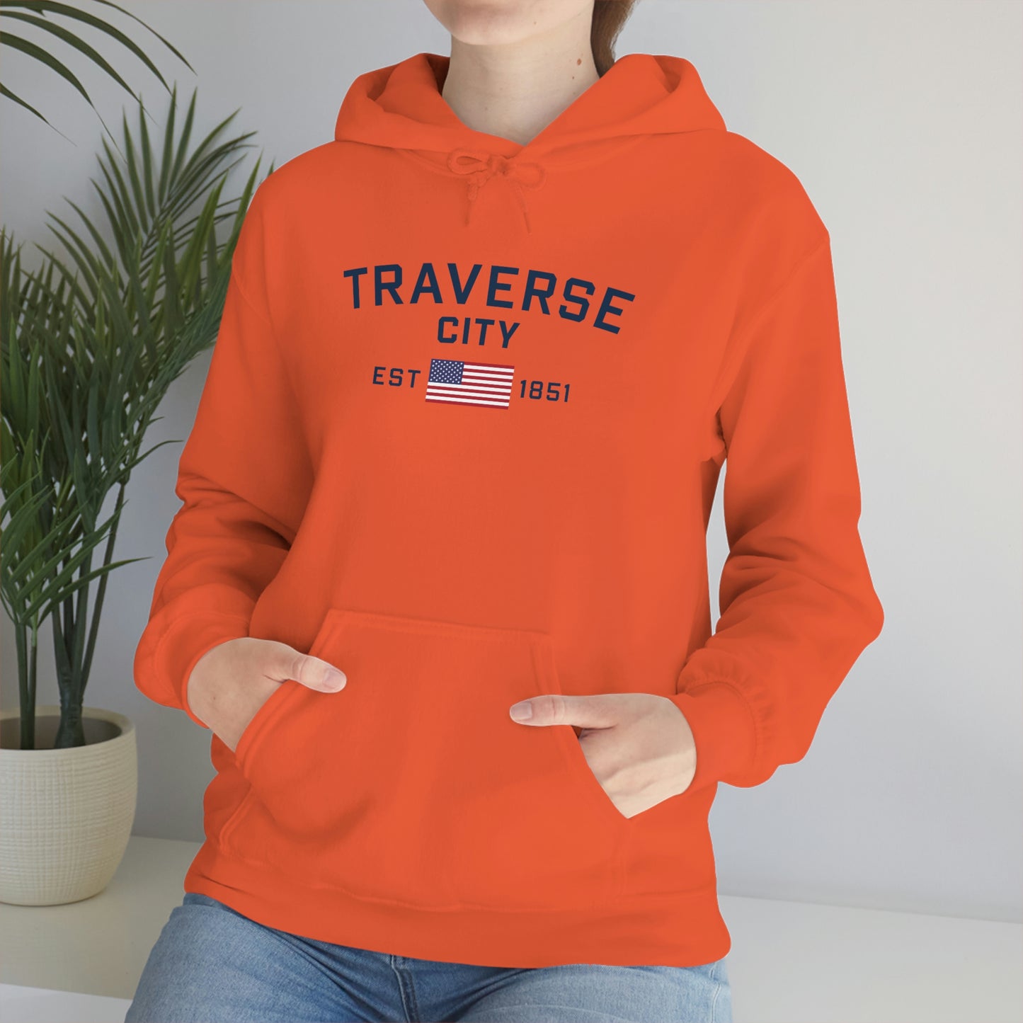 'Traverse City EST 1851' Hoodie (w/USA Flag Outline) | Unisex Standard