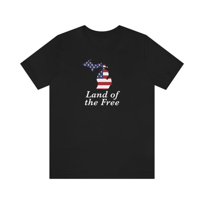 Michigan 'Land of the Free' T-Shirt (Baskerville Font w/ MI USA Flag Outline) | Unisex Standard Fit
